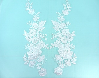 Sequin Lace Appliques White Floral Venice Lace Mirror Pair Clothing Patch Sewing Craft Supplies 14" BL146X