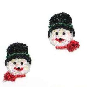 Set of 2 Snowman Face Appliques Sequin Beaded Mirror Pair Stocking Ornament Decorations 1.5&quot; XR387
