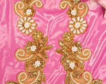 Gold and Pearl  Mirror Pair Sequin Beaded Appliques 0183