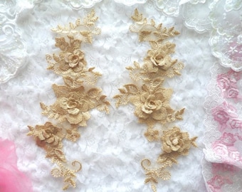 DIY Dance Costume 3D Appliques Gold Beige Floral Embroidered Venice Lace Mirror Pair 10.5" Craft Supplies (DH65X-glbg)