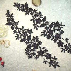 Embroidered Lace Appliques Black Floral Venice Lace Mirror Pair DIY Sewing Craft Motifs15&quot; (DH80X-bk)