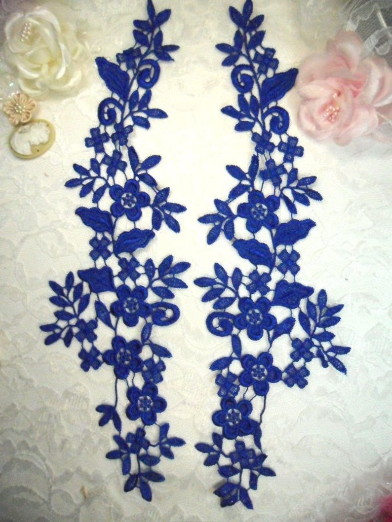 Embroidered Lace Appliques Blue Floral Venice Lace Mirror Pair DIY Sewing Craft Motifs 15 DH80X-bl
