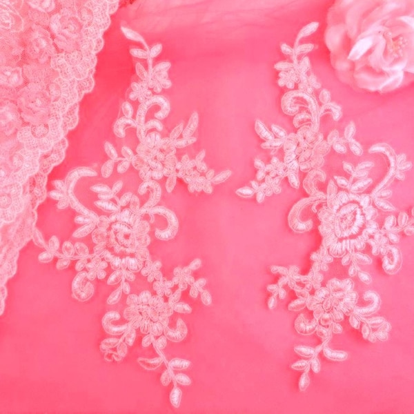 Appliques Pink Venice Lace Embroidered Floral Mirror Pair Costume Motifs DIY 9.5" (BL131X-pk)