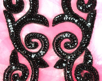 Sequin Appliques MIRROR PAIR Black Scroll Dance Costume Sewing Patch 6.5"  JB239X