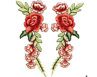 Embroidered Floral Applique Mirror Pair Red Clothing Patch Craft Motif (BL96X)
