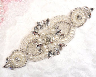 Crystal Rhinestone Silver Pearl Beaded Applique 6.75" (GB619)