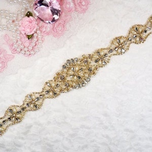 Gold Bridal Sash Applique w/ Matching Beads and White Pearls Surrounding Crystal Rhinestones 14&quot; (GB622)