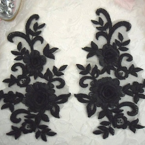 3D Embroidered Bridal Appliques Black Floral Venice Lace Mirror Pair 8&quot; Sewing Supplies DIY (DH91X-bk)