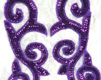 JB239 Sequin Appliques MIRROR PAIR Purple Scroll Patch 6.5"  (JB239X-pr)