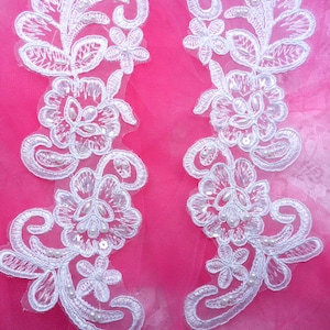 BL49 White Floral Venise Lace Mirror Pair Pearl Appliques 8&quot; (BL49X-wh)