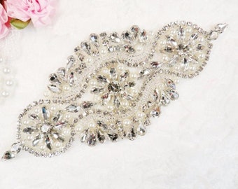Crystal Rhinestone Applique Silver Beaded Pearls Marquise Teardrop Stones Bridal Accessory DIY 6.5" (GB627)