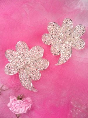 FS739 Silver Beaded Mirror Pair Sequin Appliques 2.5
