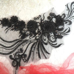 Applique noir Ballet Floral Sequin Patch strass brodé 3D accentué 20"(DH71-bk)