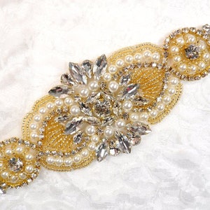 Crystal Rhinestone Gold Pearl Beaded Applique 6.75&quot; (GB619)