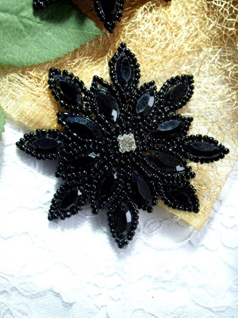 XR32 Applique Black Beaded Snowflake Rhinestone Center Etsy