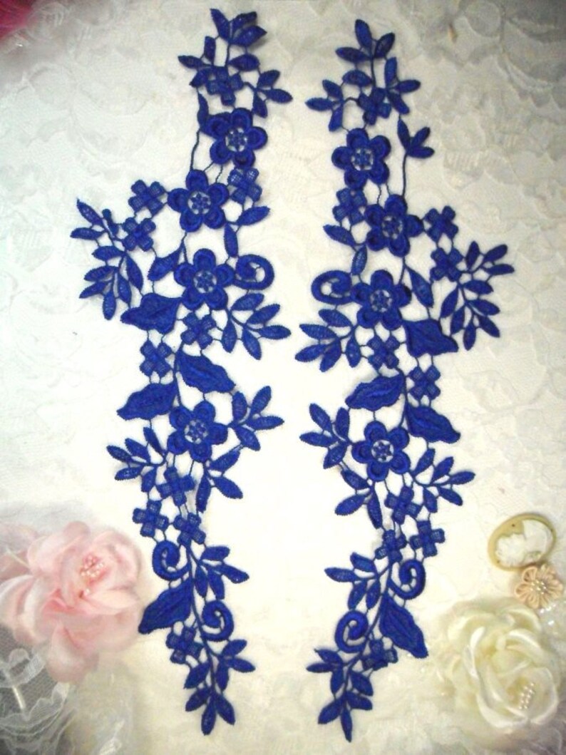 Embroidered Lace Appliques Blue Floral Venice Lace Mirror Pair DIY Sewing Craft Motifs 15 DH80X-bl
