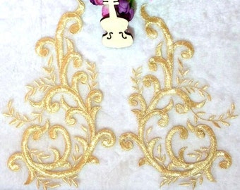 Venise Lace Appliques Embroidered Mirror Pair Gold Metallic Scroll Dance Motif Patch 10" (GB392X-lgl)