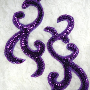 JB240 Sequin Appliques MIRROR PAIR Purple Scroll Patch 6.75&quot;  (JB240X-pur)
