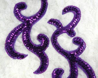 JB240 Sequin Appliques MIRROR PAIR Purple Scroll Patch 6.75"  (JB240X-pur)