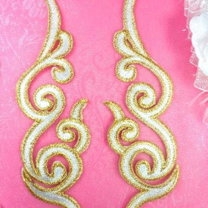 GB89 Embroidered Applique MIRROR PAIR White Gold Scroll Metallic Iron On Patch 6.75"  (GB89X-whgl)