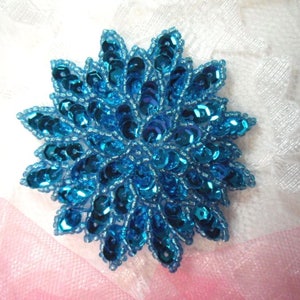 May include: A blue sparkly flower-shaped embellishment made of sequins and beads.