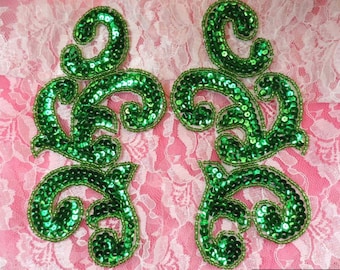 Sequin Appliques Green Mirror Pair Scroll Designer Beaded Iron On Patch 7" (XR357X-gr)