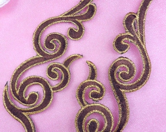 GB89 Embroidered Appliques MIRROR PAIR Brown Gold Scroll Metallic Iron On Patch 6.75"  (GB89X-brgl)