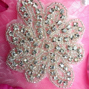 JB65 Rhinestone Floral Crystal Glass Silver Beaded Applique Motif  Sewing or Crafts 4.75&quot;  (JB65-slcr)