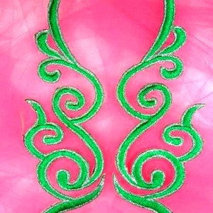 Embroidered Appliques Green Silver Metallic Mirror Pair Iron On 6.75&quot; (GB89X-grsl)