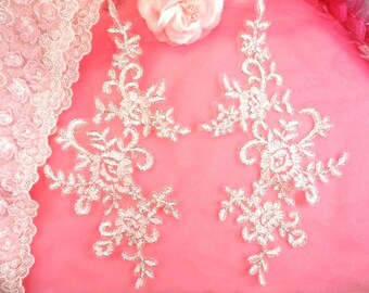 Appliques White with Silver edge Venice Lace Embroidered Floral Mirror Pair Costume Motifs DIY 9.5" (DH108X-whsl)