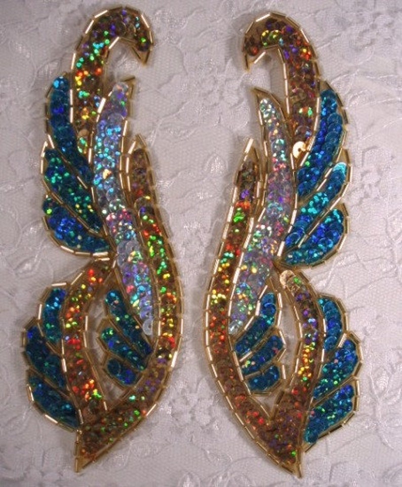 0033 TURQUOISE GOLD SILVER MIRROR PAIR SEQUIN BEADED APPLIQUES GOLD BEADS 