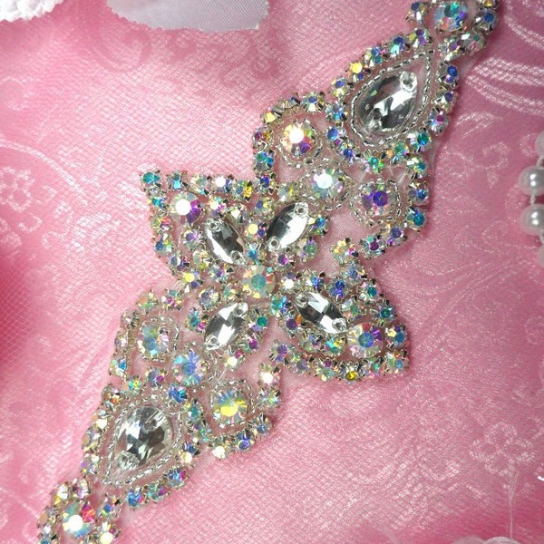 JB47 Aurora Borealis Silver Beaded Crystal Rhinestone Applique 6"   JB47-cab