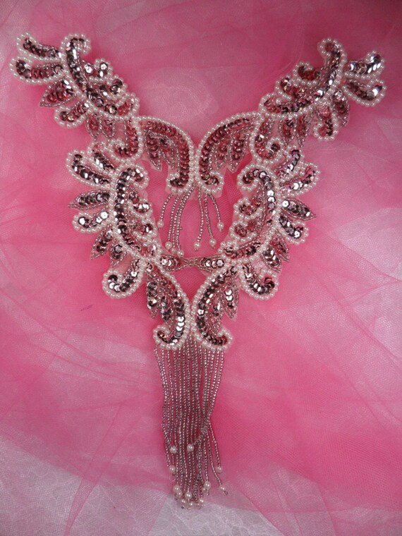 0510 Hot Pink AB Bodice Yoke Sequin Beaded Applique Sewing Patch Motif 10/"