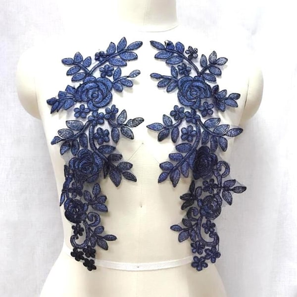 Embroidered Lace Appliques Navy Blue Floral Venice Lace Mirror Pair  Ballet Dance Costume Patch 14"  Great Price and Quality