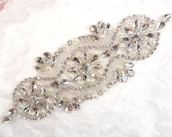 Crystal Rhinestone Silver Pearl Beaded Applique 6.25" (GB617)