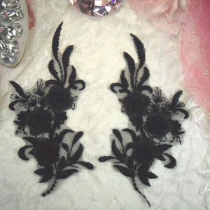 3D Embroidered Bridal Appliques Black Floral Venice Lace Mirror Pair 8&quot; Sewing Supplies DIY (DH92X-bk)