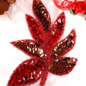 FS476 Red Bronze Leaf Sequin Beaded Applique 4" Craft and Sewing Motif FS476-rdbz