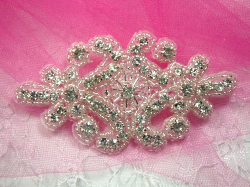 XR15 Clear Crystal Glass Rhinestone Beaded Applique 4" (slcr)
