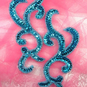 JB240 Sequin Appliques MIRROR PAIR Turquoise Scroll Patch 6.75"  (JB240X-tr)