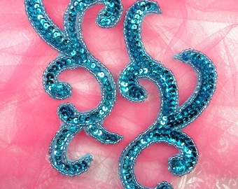 JB240 Sequin Appliques MIRROR PAIR Turquoise Scroll Patch 6.75&quot;  (JB240X-tr)