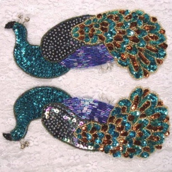 Turquoise Peacock Mirror Pair Sequin Beaded Appliques Sewing Crafts Motif Patch (0205X-tr)