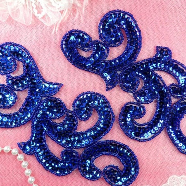 Sequin Appliques Blue MIRROR PAIR Scroll Designer Beaded Iron On 7" (XR357X-bl)