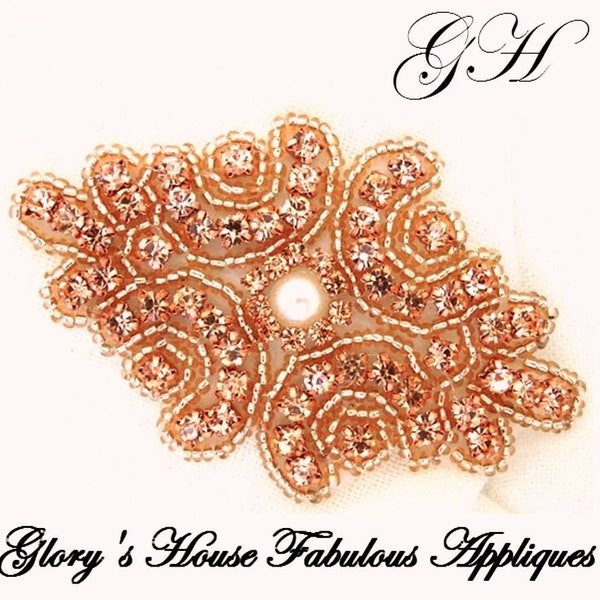 Rhinestone Rose Gold Applique Matching Beads w/ White Pearl Center Motif DIY Bridal Sash Accessories 3.25" (GB663)