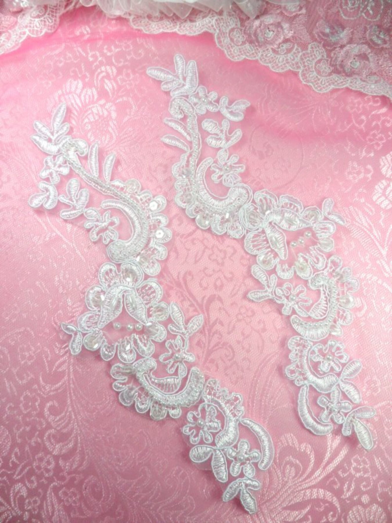 BL4 White Floral Venise Lace Mirror Pair Pearl Sequin Etsy