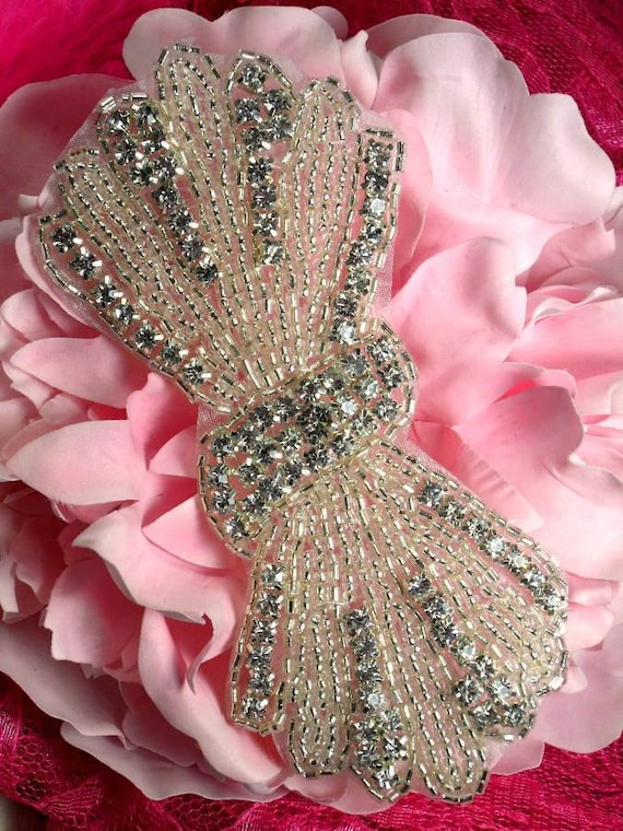 JB26 Bow Tie Silver Beaded Crystal Rhinestone Applique 5 Etsy
