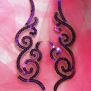 GB350 Sequin Appliques Purple Gold Scroll MIRROR PAIR  Metallic Iron On Patch 7"  (GB350X-plgl)