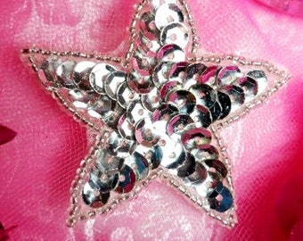 JB70 Silver Applique Star Sequin Beaded Patch 1"  (JB70-sl)