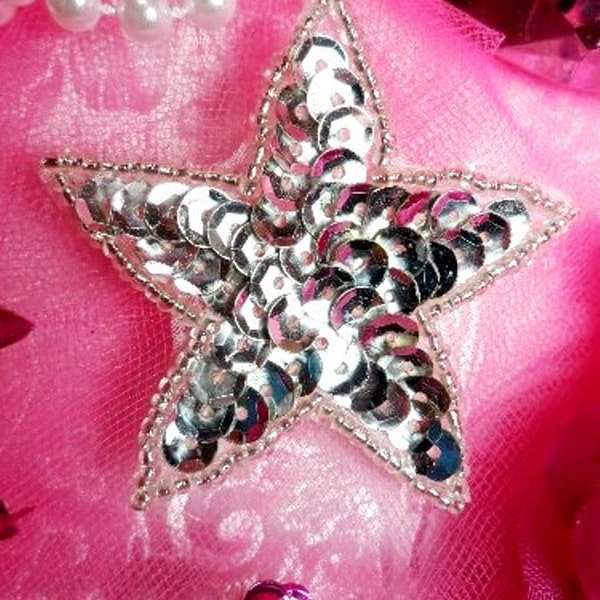 JB70 Silver Applique Star Sequin Beaded Patch 1"  (JB70-sl)