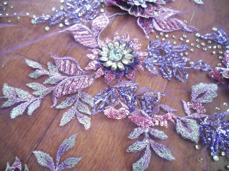 Embroidered 3D Applique Fabric Lavender Mauve Sequin Rhinestone Floral Design Dance Costume Fabric DH78-Lvmv