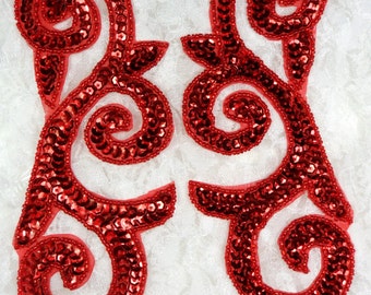 JB239 Sequin Appliques MIRROR PAIR Red Scroll Patch 6.5"  (JB239X-rd)